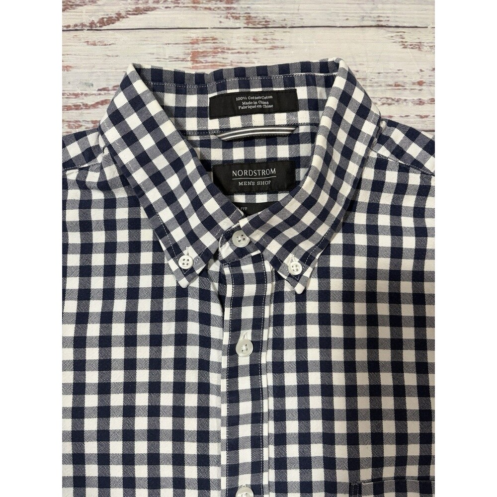 Nordstrom Men’s Regular Fit Dress Shirt Button Down Size Large Black White Plaid - Picture 2 of 11